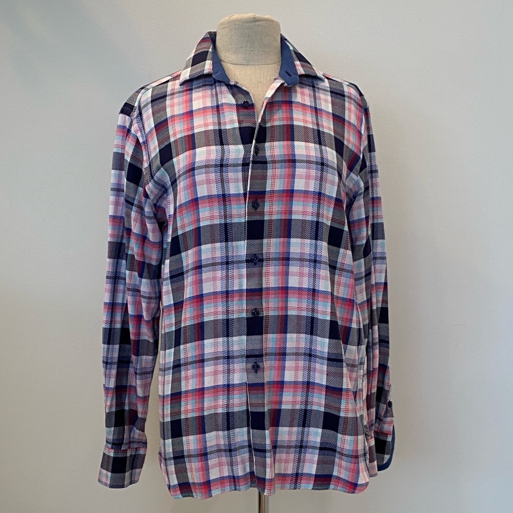 Hammer Made Mens Blue Pink White Plaid Button Down w contrasting Cuffs / 16 -41